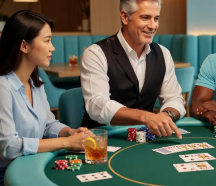 Hostitel u pokerového stolu vysvětluje pravidla hostům