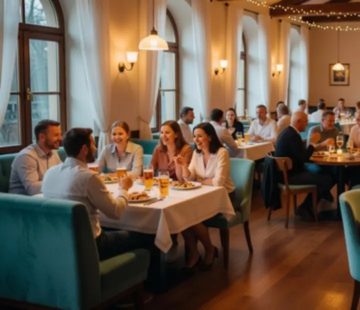 Večerní atmosféra s hosty u osvětlených stolů v Social Quartter