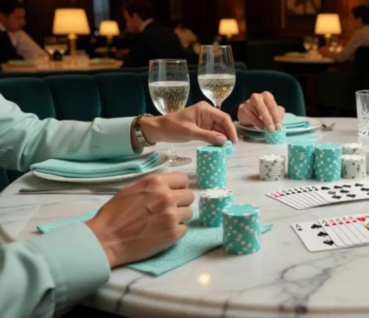 Detail pokerového stolu s žetony v Social Quartter během offline večera