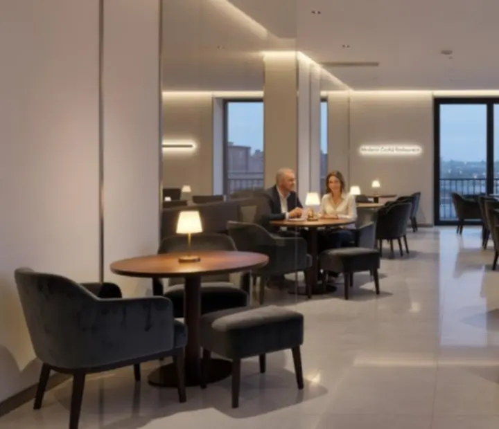 Lounge atmosféra restaurace s tlumeným světlem a pohodlným sezením