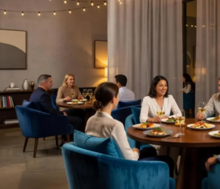 Hosté u stolu v lounge části restaurace Social Quartter během večerního posezení