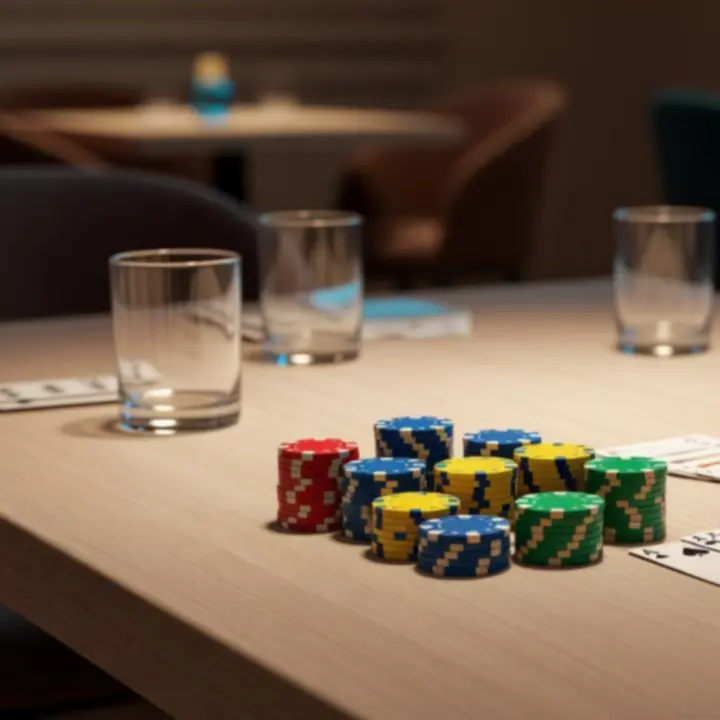 Detail pokerových žetonů a karet na stole během společenského večera v restauraci