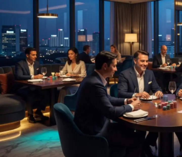 Hosté u pokerového stolu v moderním lounge prostředí restaurace Social Quartter