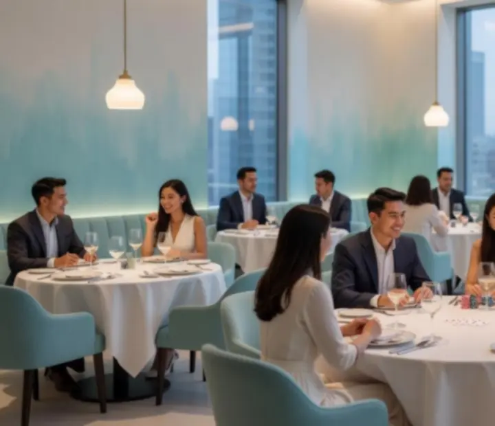 Světlá restaurace Social Quartter s modro-tyrkysovým osvětlením a pohodlným sezením připraveným na večerní program