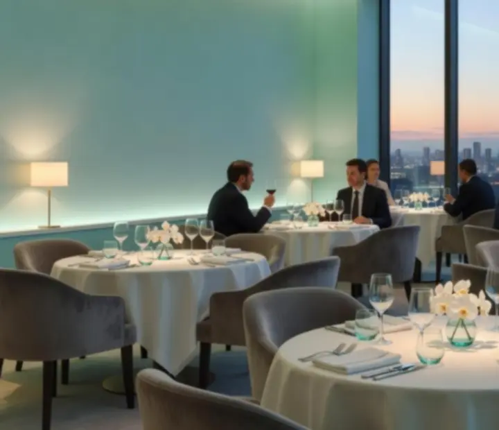Světlý interiér restaurace Social Quartter s kulatými stoly a modro-tyrkysovou atmosférou