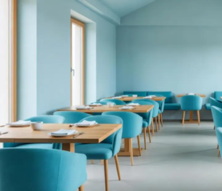 Světlý interiér restaurace s tyrkysovými akcenty a pohodlným sezením