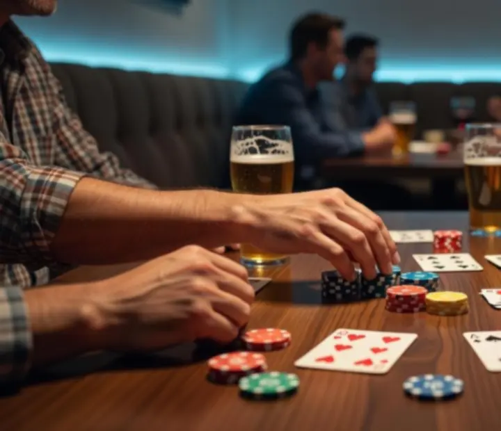 Detail žetonů a karet při soukromém offline pokerovém večeru v restauraci
