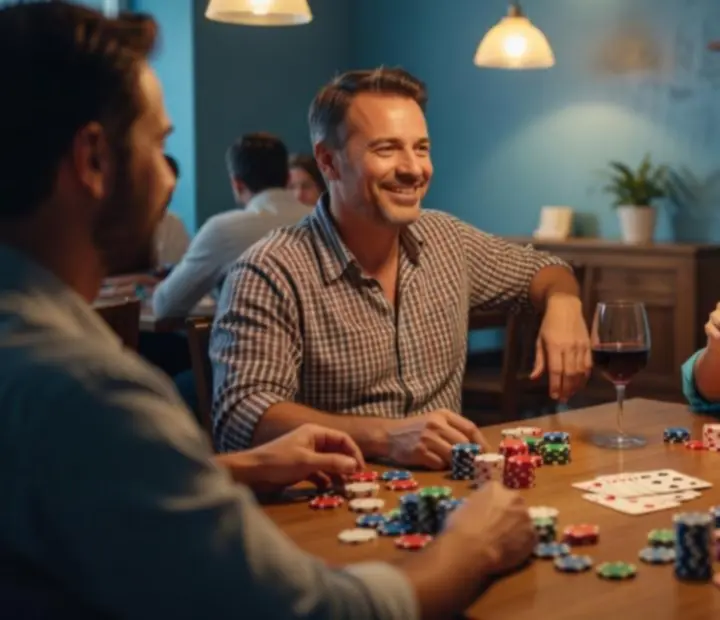 Hosté u stolu s žetony během pohodového offline pokerového večera