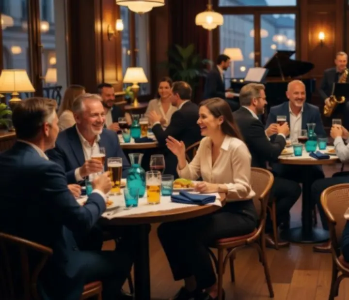 Hosté u večerně nasvíceného stolu v restauraci Social Quartter během společenského programu