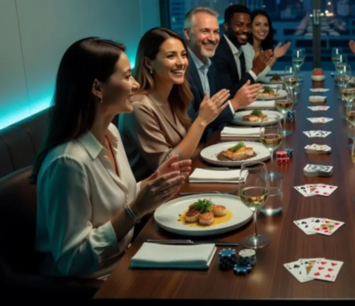 Večerní společné posezení hostů u dlouhého stolu v restauraci
